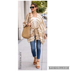 NEW FRANCESCAS STRIPE BOHEMIAN BELTED RUANA CARDIGAN